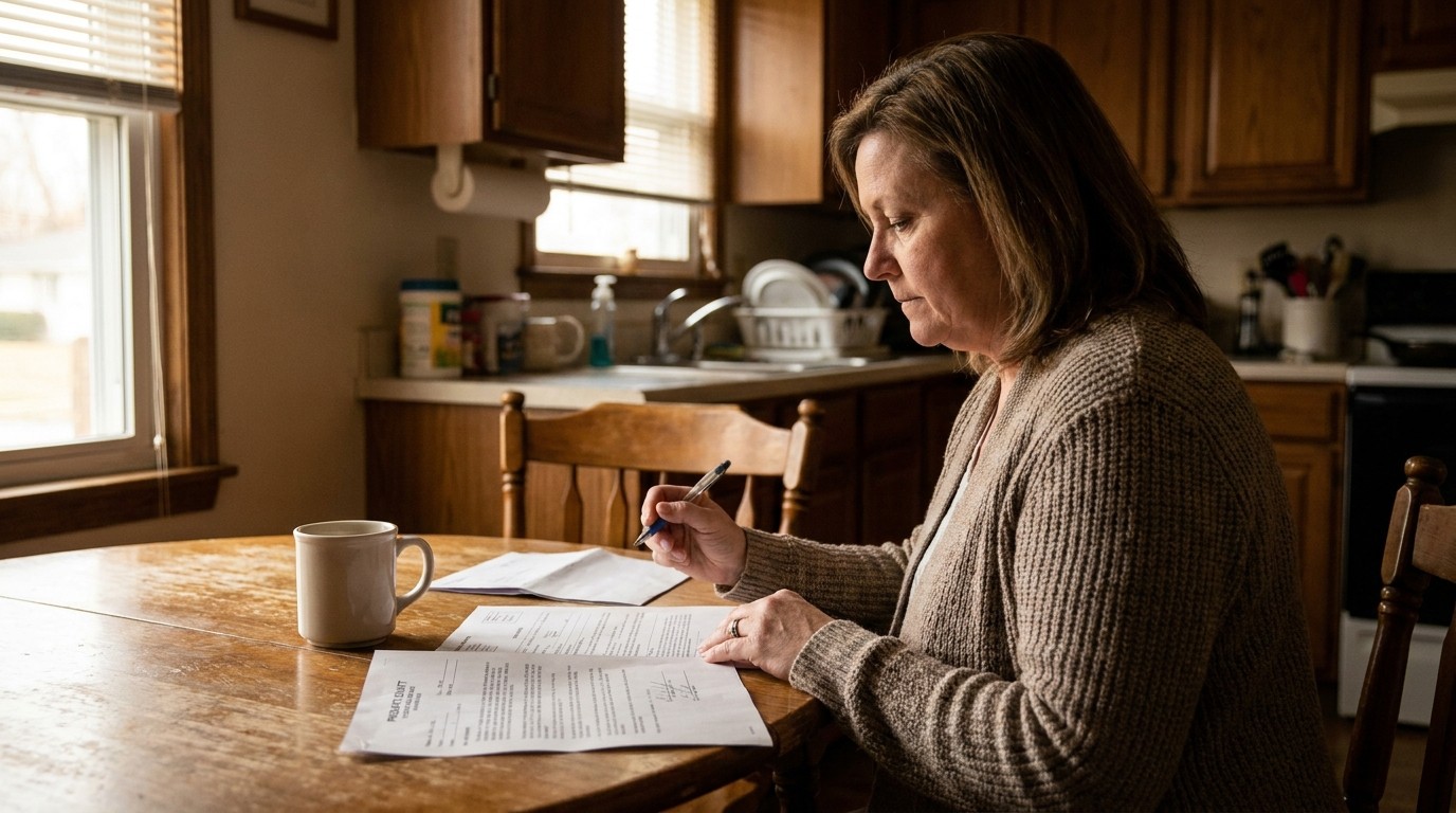 woman reviewing probate court documents at kitchen table holding pen