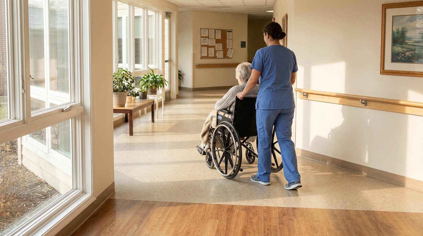 nurse in scrubs pushing elderly patient in wheelchair down nursing home hallway