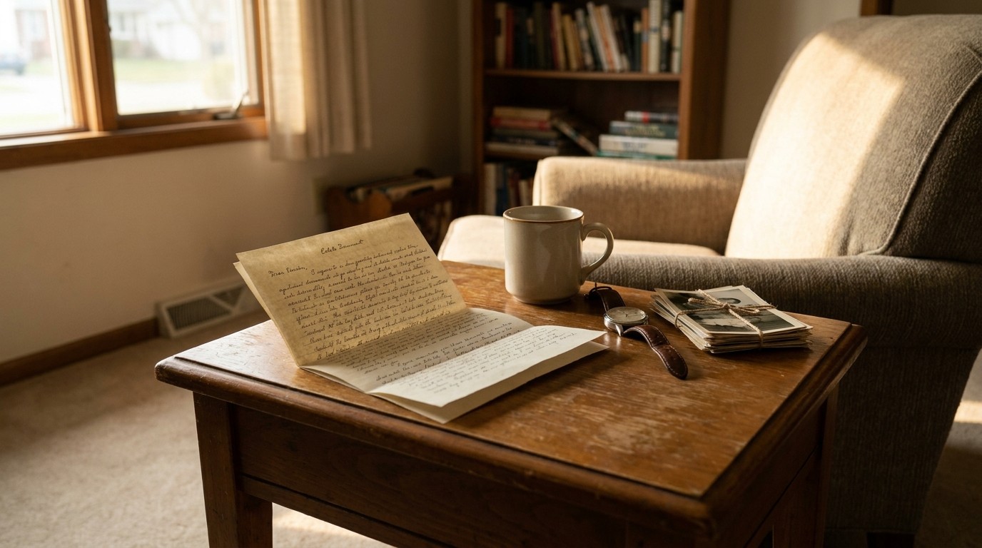 handwritten estate document open on wooden table beside mug and personal photographs