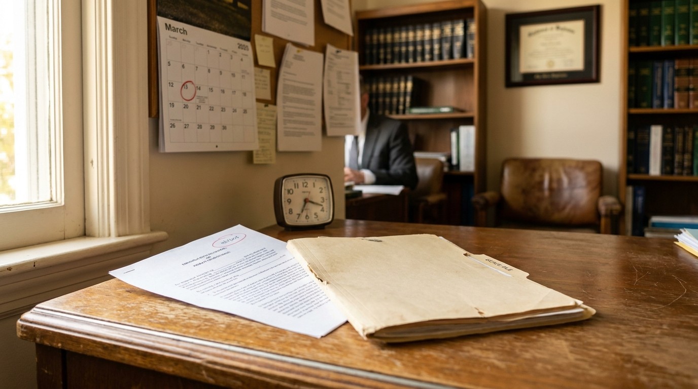 legal case file and documents on wooden desk in attorney's office