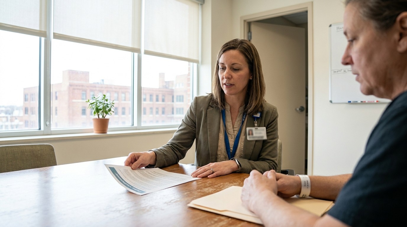 professional wearing ID badge reviewing document with client at conference table