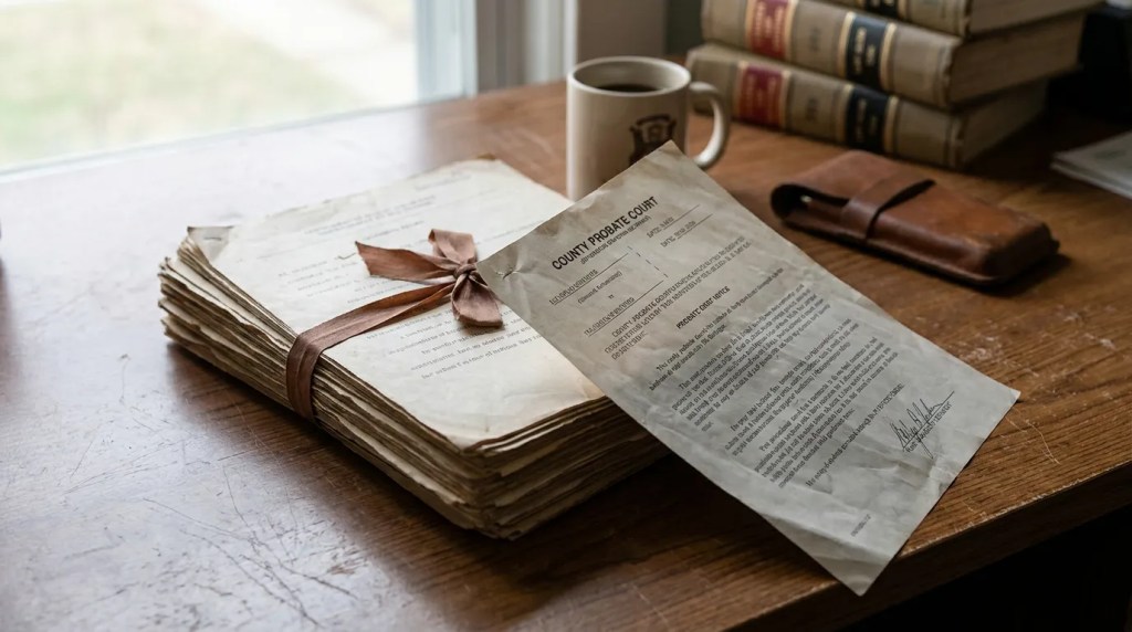 County Probate Court document resting on aged papers tied with ribbon on wooden desk