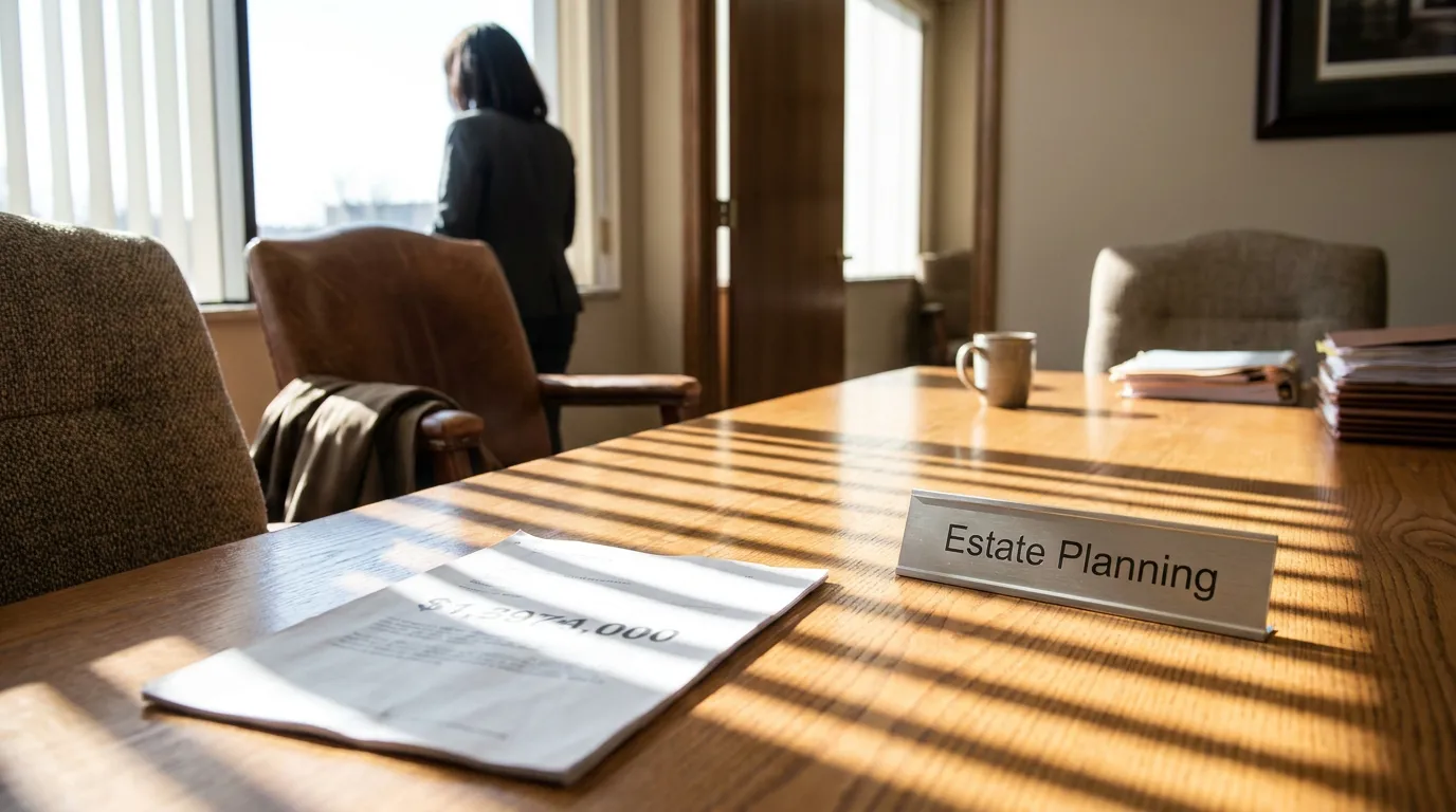 Estate Planning nameplate on wooden desk with legal documents and attorney standing nearby