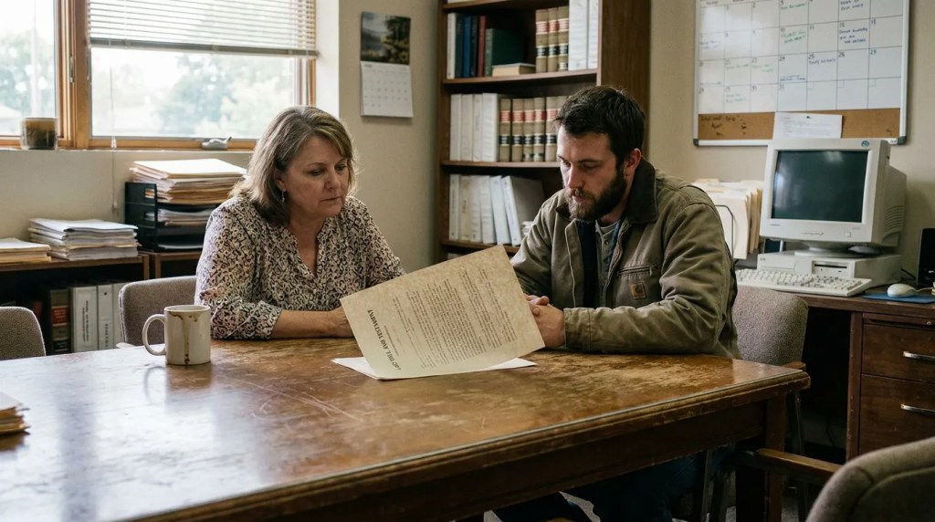 two people reviewing legal document together at wooden office desk with law books