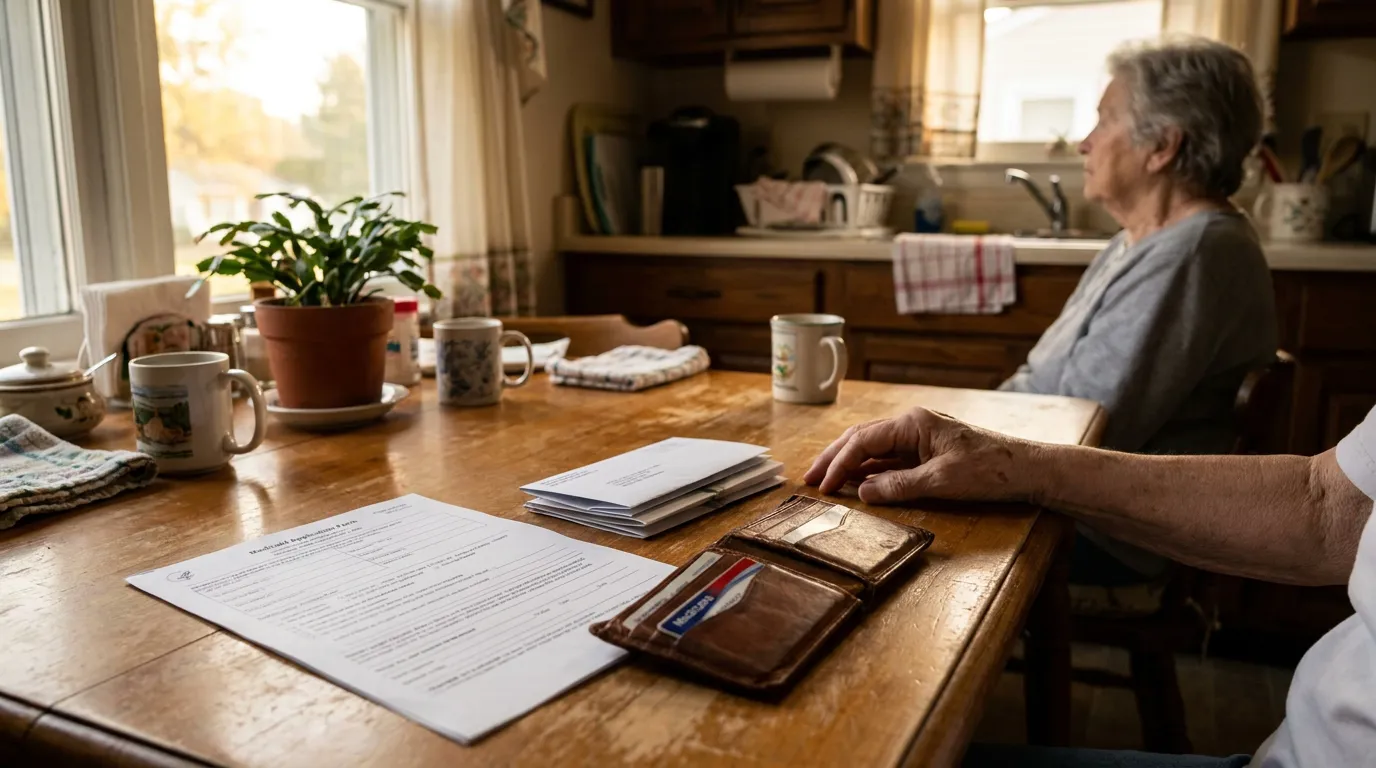 elderly person at kitchen table with Medicaid application form and wallet