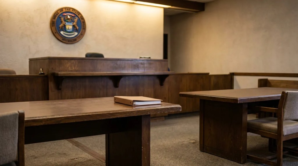 empty Michigan courtroom with state seal, judge's bench, and binder on counsel table