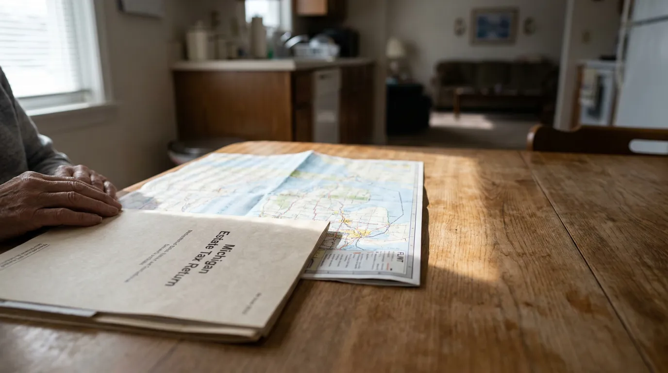 Michigan Estate Tax Return document and road map on wooden table